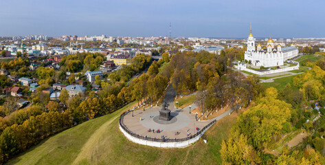 Panoramic aerial view of Vladimir town, Assumption (Uspensky) cathedral and Prince Vladimir...