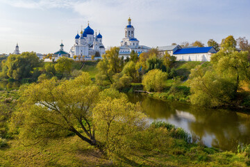 Aerial view of Bogolubsky monastery (XVIII century) on sunny autumn day. Bogolubovo, Vladimir Oblast, Russia.