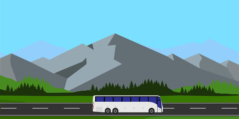 White tourist bus driving on the road vector illustration. Mountain landscape or background. Bus travel road. Bus highway © viktorijareut