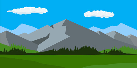 Vector illustration mountains and forest landscape daytime.