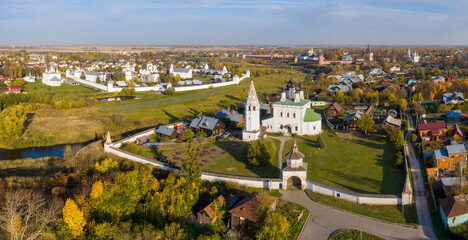 Panoramic aerial view of Alexandrovsky monastery (first plan) and Pokrovsky monastery (background)...