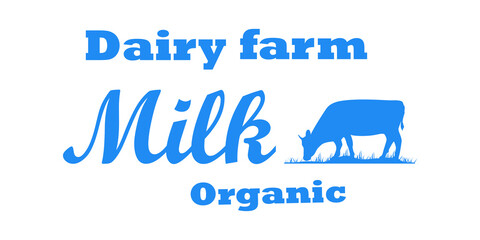 Milk, cow. Logo with cow silhouette, text Milk, Dairy farm