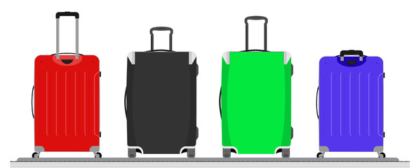 Different luggage bag on conveyor belt.