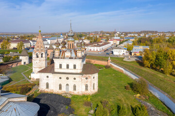 Fototapeta premium Aerial view of Cathedral of the Archangel Michael on sunny autumn day. Vladimir Oblast, Russia.