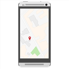Navigation map. Map on phone, smartphone. Vector illustration. Location Pin.