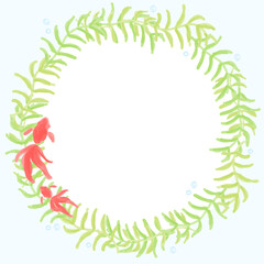 金魚と水草のフレーム 和風 水彩風 ベクター