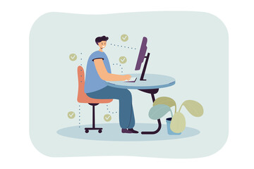 Man showing correct position for sitting at desk flat vector illustration. Cartoon man sitting on chair and using computer. Ergonomic work in office and healthy posture concept - obrazy, fototapety, plakaty