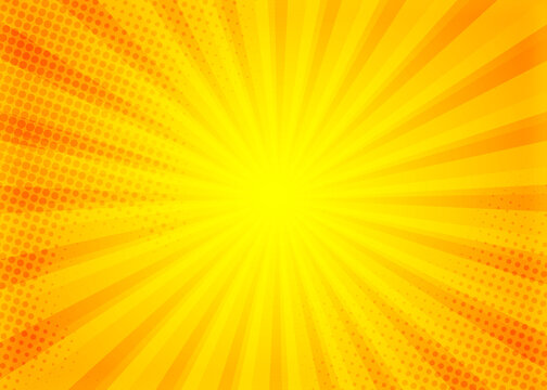 Yellow comic background with sunbrust and dot halftone  