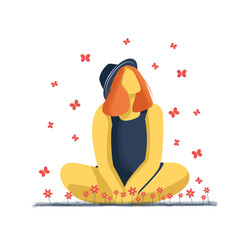 A girl sits surrounded by soaring butterflies