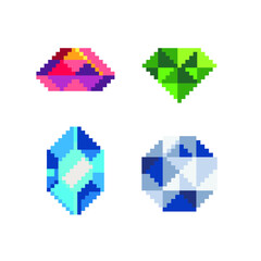 Precious stone pixel art icons set. Diamond, sapphire, topaz, ruby and emerald gemstone. Isolated vector illustration. Game assets 8-bit sprite. Design stickers, logo for jewelry store, mobile app.