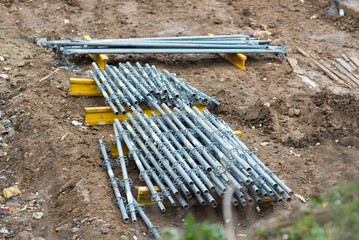 scaffolding components at the construction site before installation