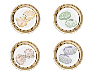 Isolated steamed dumplings in  bamboo basket on white background. Different flavor dumplings. Close up hand drawing Asian food vector illustration.