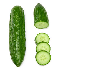 cucumber with slices isolated on white background. clipping path. top view