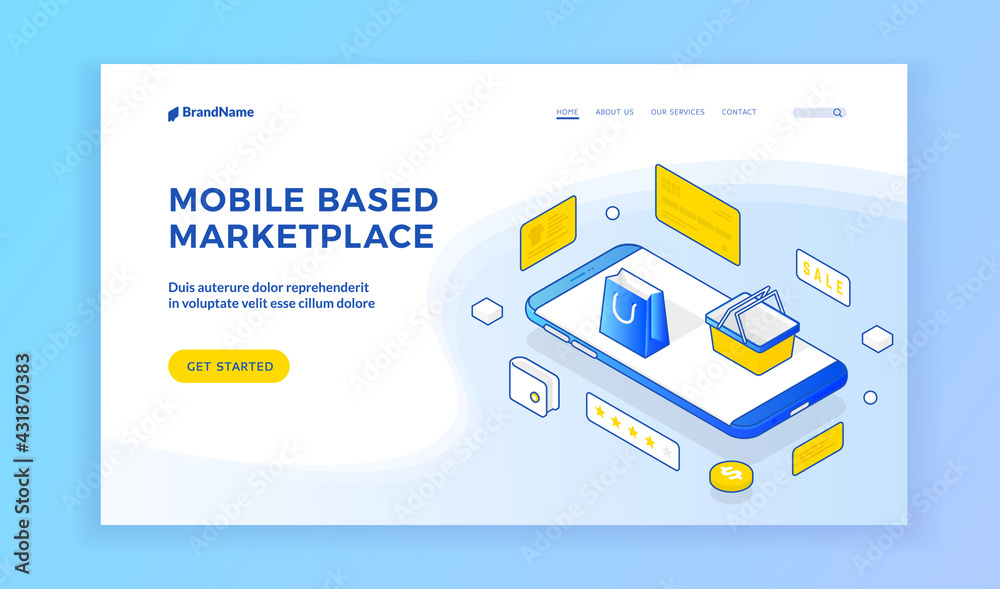 Poster vector design of website with mobile phone and shopping icons representing modern resource of inform