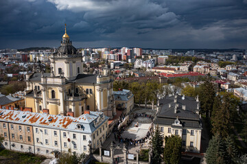 Fototapeta na wymiar Aerial view on St. George's Cathedral in Lviv, Ukraine from drone. Consecration of Easter food, cakes, eggs