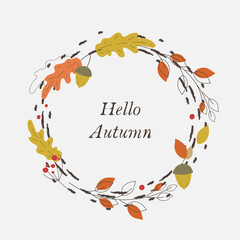 Autumn leaves rounded frame, circle of hand drawn oak leaf, acons, branches, berry, flat thin line design, colored editable wreath background
