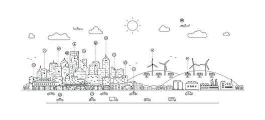 Smart city with line symbols. 5th internet service, urban with things and services icons connection, internet of things, network with high speed connection. Vector illustration.