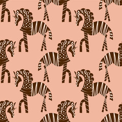 Abstract Ethnic Mystic Horses Zebras Drawing Seamless Vector Pattern Isolated Background