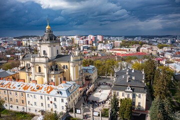  Aerial view on St. George's Cathedral in Lviv, Ukraine from drone.  Consecration of Easter food, cakes, eggs
