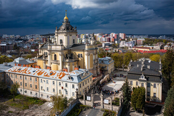  Aerial view on St. George's Cathedral in Lviv, Ukraine from drone.  Consecration of Easter food, cakes, eggs