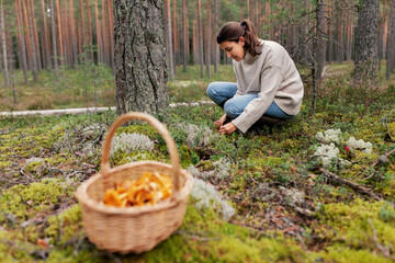 season and leisure people concept - young woman with basket and knife cutting mushroom in autumn...