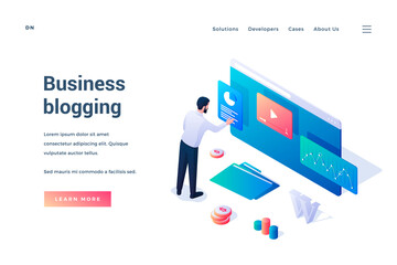 Business blogging. Isometric web banner. Male cartoon character businessman standing in front of big browser screen making content for business blog. Web banner. Vector illustration