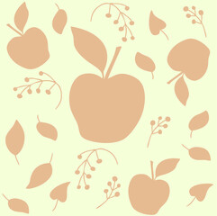 Vector pattern of delicate beige apples, leaves and branches of berries 
