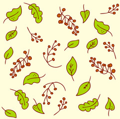 Vector pattern of bright red ripe berries and delicate green leaves 
