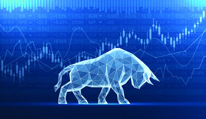 The concept of a growing trend in the global financial markets. Glass bull on the background of stock quotes. Stock market and business finance. Vector illustration background.
