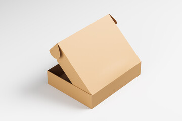 Not fully open cardboard box on a white background. Packaging, gift. Side view. Mock up. 3d rendering