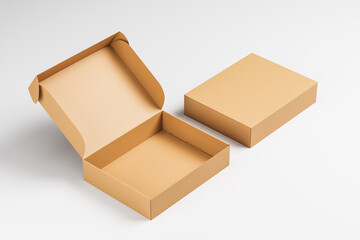 Opened and closed cardboard boxes on a white background. Packaging, gift. Mock up. 3d rendering