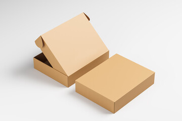 Closed and open cardboard boxes on a light background. Packaging, gift. Mock up. 3d rendering