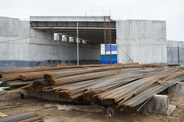 A large number of reinforcement bars at the construction site