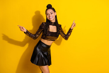 Photo of young attractive black woman happy positive smile have fun enjoy isolated over yellow color background