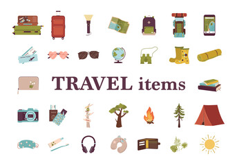 Set of tourist items for vacation. Luggage icons for travel and hike. A collection of objects and accessories for outdoor recreation and journey around the world