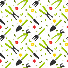 Seamless pattern with garden tools, spade, pruner, scissors, and flowers and leaves. Color flat cartoon vector illustrations isolated on a white background.