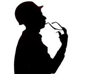 silhouette of young builder constructor in hard hat thinking with glasses in mouth on white background, building industry concept
