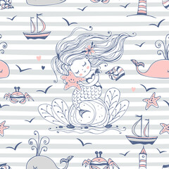 Seamless pattern with cute mermaid and sea creatures. Vector