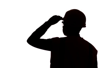 silhouette of man in hard hat on isolated background andprotective glasses, contruction worker greeting holding helmet visor, building industry concept - obrazy, fototapety, plakaty
