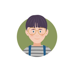 Cute little boy black-haired cartoon avatar-the face of a character in a circle, flat vector illustration, isolated on a white background.