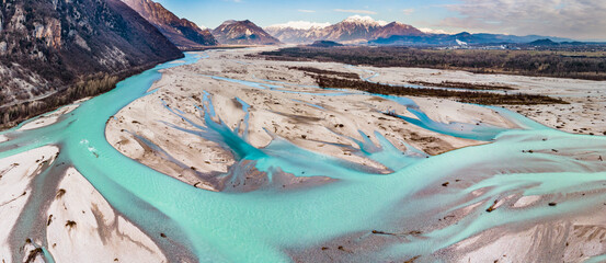 Emerald waters of the Cornino lake and the Tagliamento river. Magic