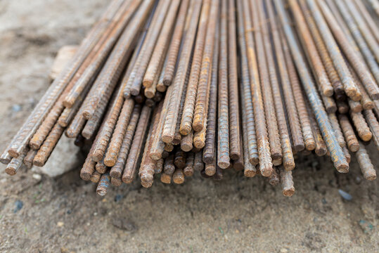 Close-up of iron reinforcement bars at construction site