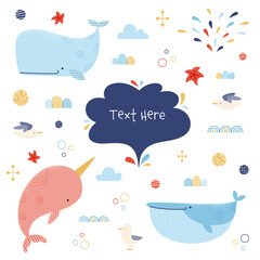 Vector design elements set with whales, narwhal, seagulls, and waves. Can be used for baby shower, children's birthday, greeting cards, stickers, T-shirts, etc. Isolated on white background.