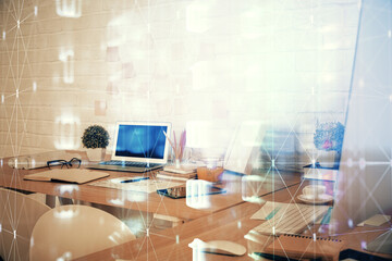 Double exposure of data theme drawing and office interior background. Concept of technology.