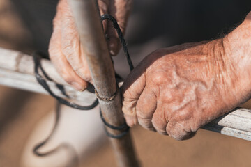 person building a structure for planting tomatoes. Selective focus.