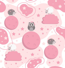 Seamless sweet dreams animal pattern with owl, hedgehog and sheep on the background with moon, stars and clouds.