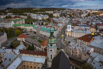 Aerial view on Bernardine church in Lviv from drone