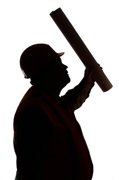 recommend clip art: silhouette figure of pot-bellied construction worker in hard hat on white background showing with paper tube direction, engineer supervision