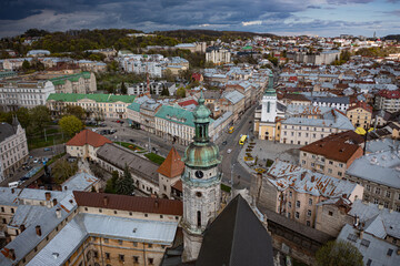 Aerial view on Bernardine church in Lviv from drone