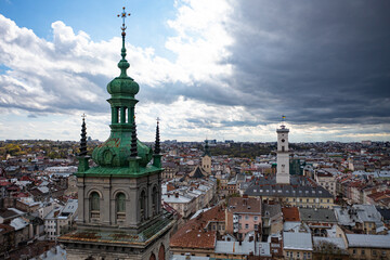 Obraz premium Lviv, Ukraine - May 1, 2021: view on Dormition Church in Lviv, Ukraine from drone